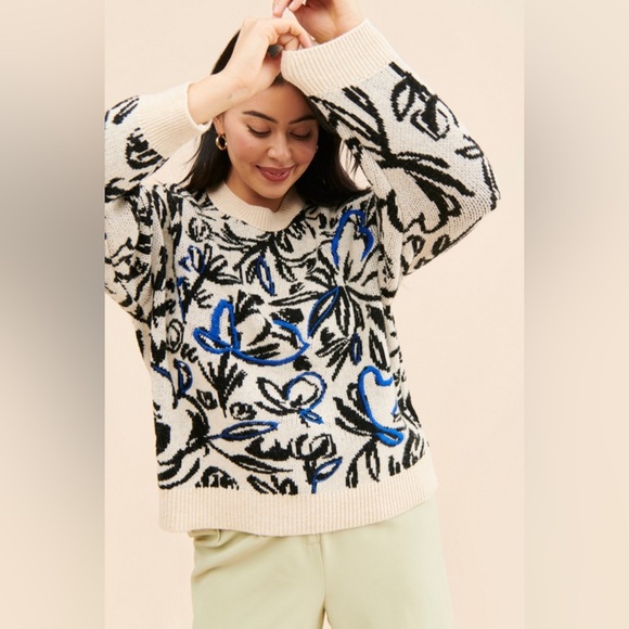 By Anthropologie Floral Pop Embroidered Wool Blend Sweater Size S - Blue - NWOT‎ - Picture 13 of 16